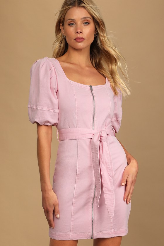 Pink Denim Dress - Puff Sleeve Dress ...
